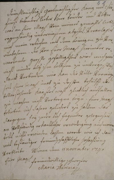 Ein Brief von Maria Theresia an König Friedrich II., in dem sie um seine Unterstützung für die Kaiserwahl ihres Mannes Franz I. bittet, 11. November 1740 von Maria Theresa of Austria